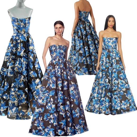 🆕 BRONX & BANCO 🧿 NWOT Cassandra Black & Blue Floral Strapless Gown Sz XS US 2 - Picture 1 of 16